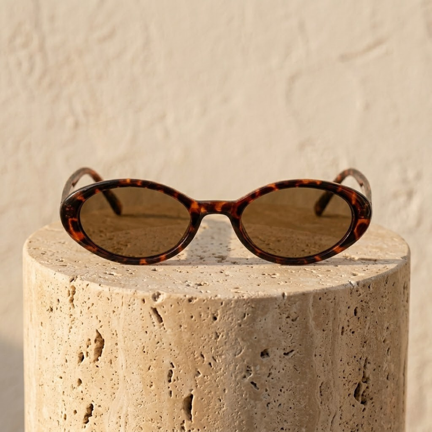 FJØRNA retro oval unisex sunglasses with black frames and tinted lenses, perfect accessories for women.