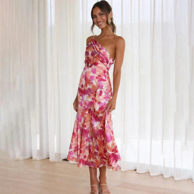 Isla | Elegant Summer Dress with Slanted Shoulder and Floral Pattern