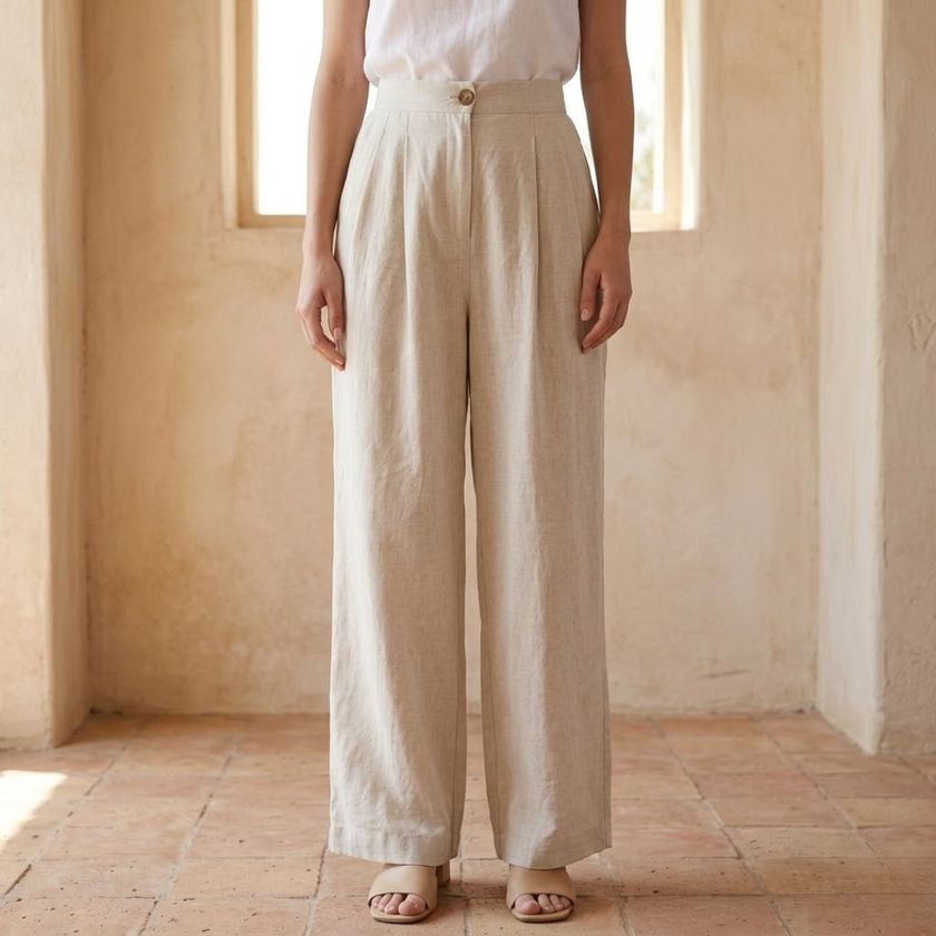 FJØRNA linen wide-leg women’s trousers, high-waist tailored pants with relaxed fit and natural fabric, displayed on a model.