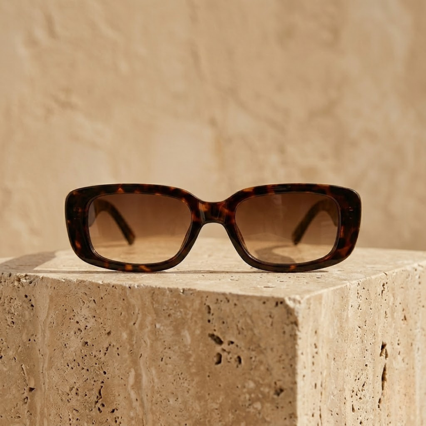 FJØRNA retro rectangular unisex sunglasses with black frames and dark tinted lenses, stylish accessory for women and men.