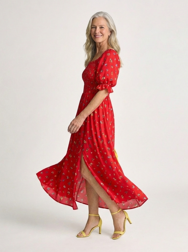 FJØRNA women's floral summer midi dress with square neckline and puff sleeves, perfect for warm-weather occasions.