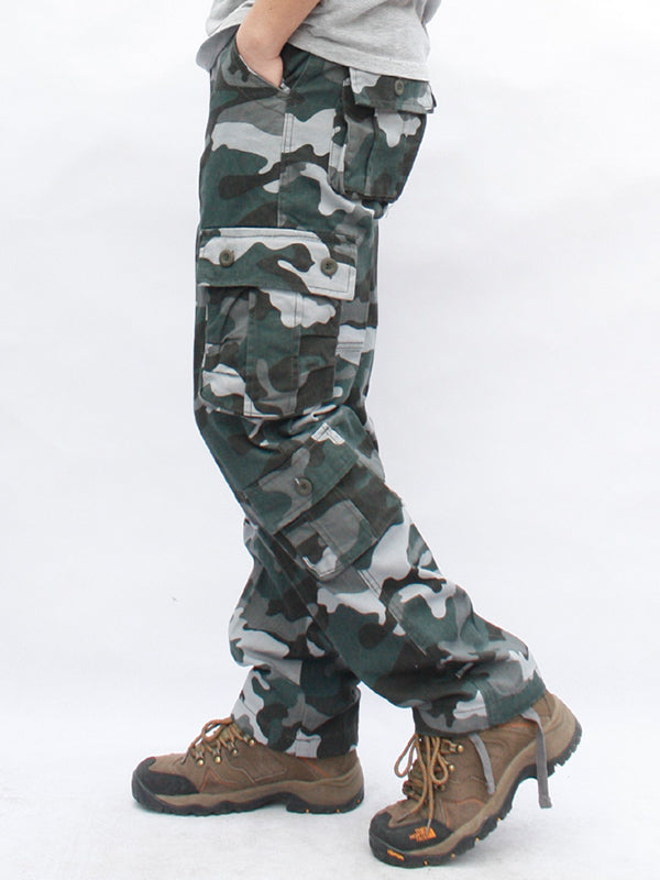 Men's camouflage military cargo pants by FJØRNA with straight cut, cotton fabric, side pockets, designed for comfort and style.