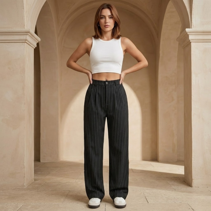 Women’s FJØRNA pinstripe wide-leg trousers, high-waisted pants with a tailored fit, shown in a stylish pinstripe pattern.