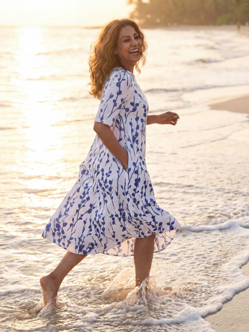 FJØRNA women's summer midi dress with floral pattern, short sleeves, and wrap style, casual and perfect for warm weather.
