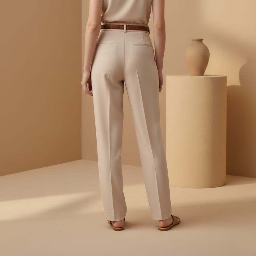 High waist slim fit women's trousers by FJØRNA, showcasing tailored pants with a sleek fit and modern style.