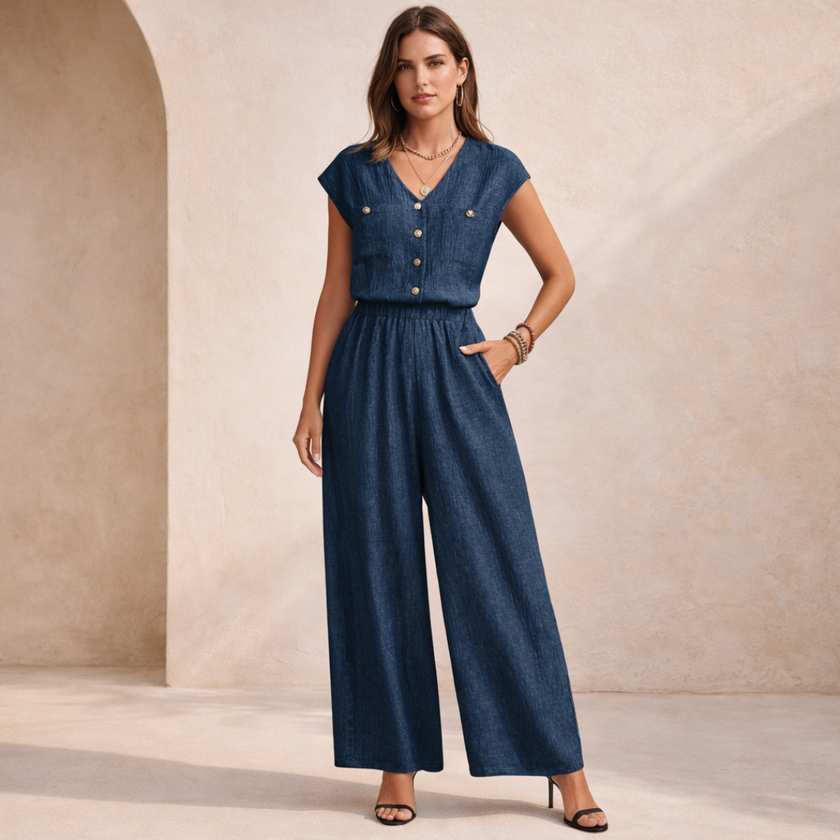 FJØRNA wide-leg women’s jumpsuit with V-neck and button front, featuring a relaxed fit and stylish design.