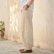 FJØRNA women's cotton linen trousers with high waist and relaxed fit, casual pants in neutral fabric and tailored silhouette