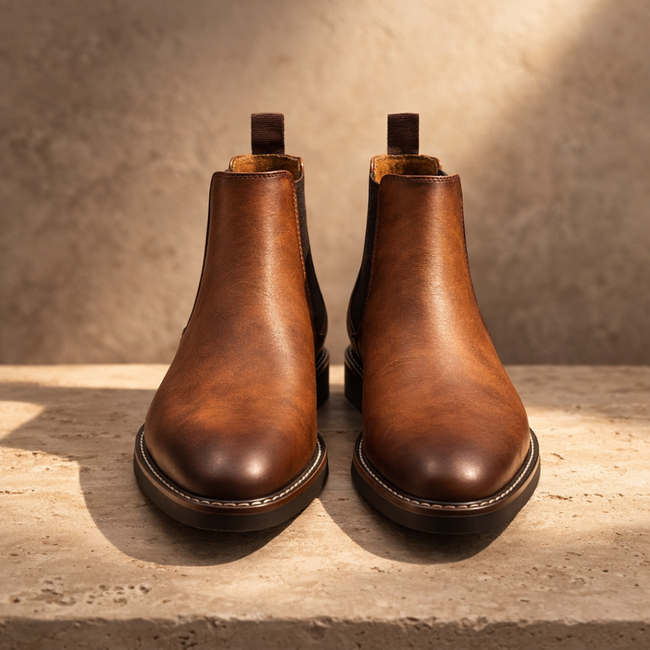 FJØRNA men's leather Chelsea boots featuring sleek design, elastic side panels, and sturdy soles.