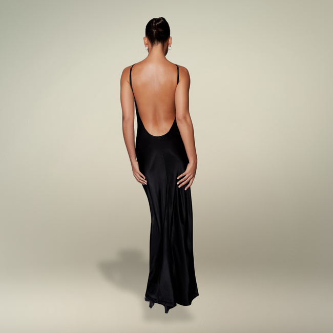 FJØRNA Studio | Black Satin Cut-Out Halter Gown with Open Back