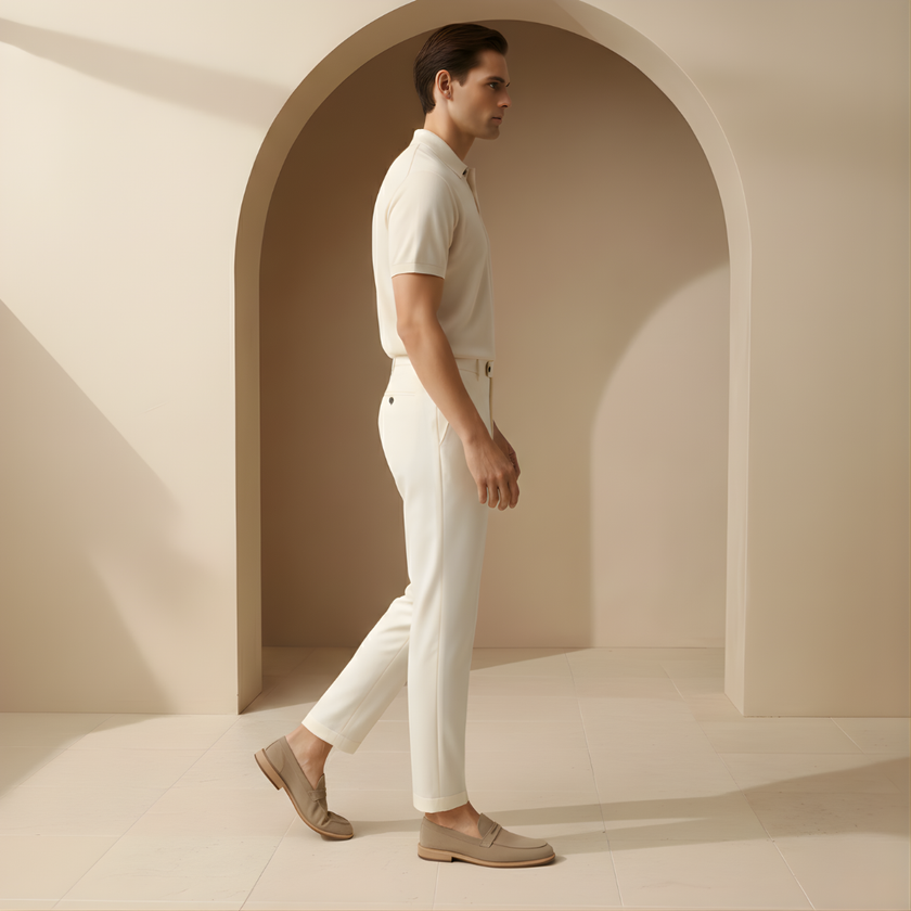 FJØRNA men's relaxed fit straight leg trousers, showing the tailored design and neutral color fabric.