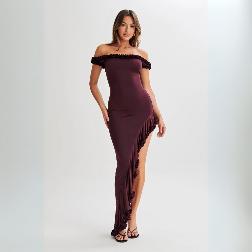 FJØRNA Studio | Off-Shoulder Ruffle Slit Midi Dress