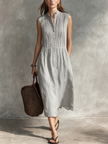 Women's grey cotton-linen sleeveless midi dress by FJØRNA, featuring a round neckline and casual style.