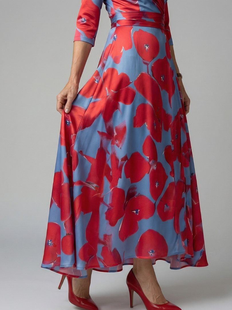 FJØRNA women's floral summer maxi dress with long sleeves, wrap style, flowy design for a stylish, comfortable look.