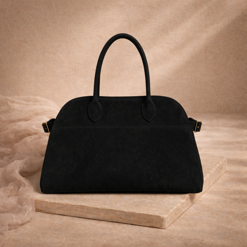 Vegan large suede handbag for women by FJØRNA featuring a spacious design and elegant style.