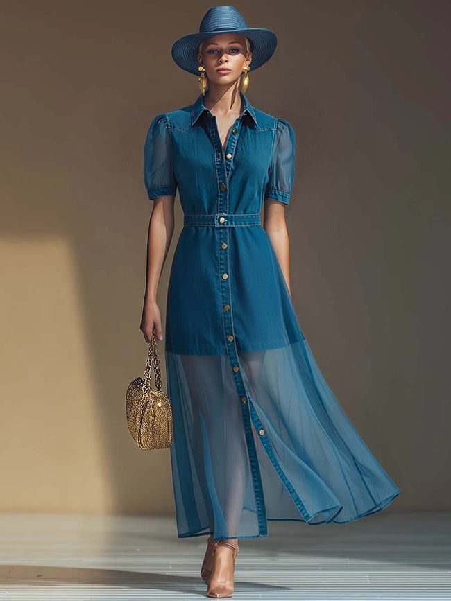 Blue denim V-neck short-sleeved organza maxi dress for women by FJØRNA, flowing design with lightweight fabric.