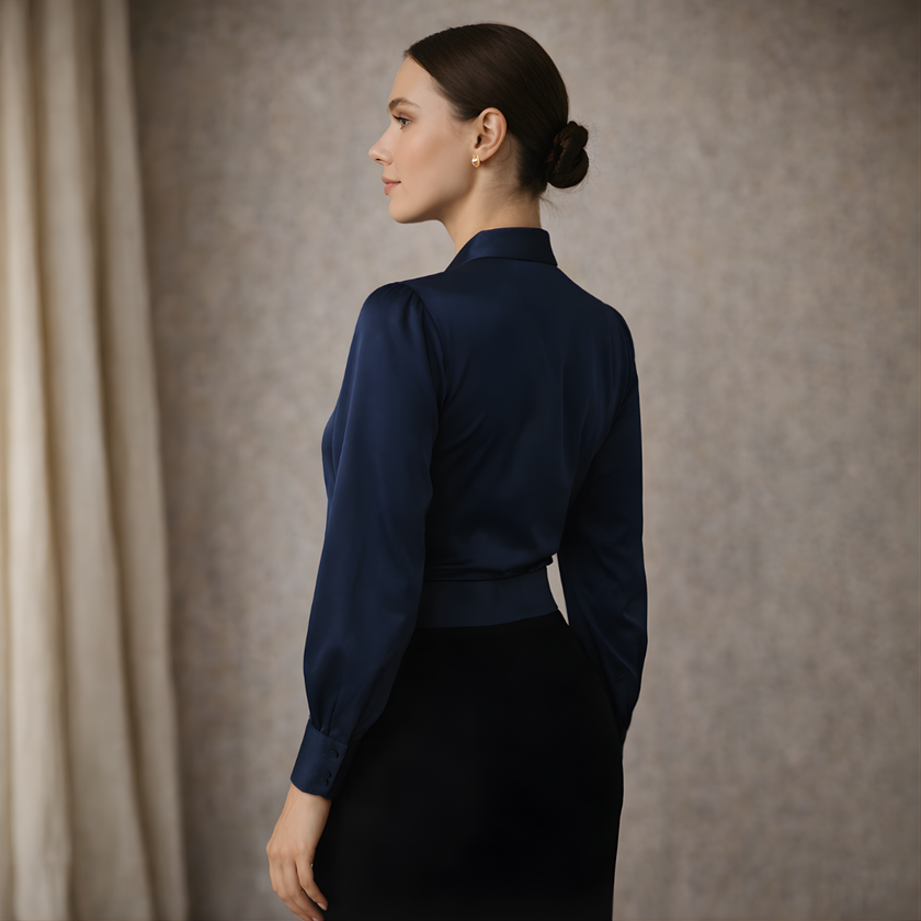 FJØRNA men's satin long sleeve top, showcasing smooth fabric and tailored fit, worn by a model with a neutral background.