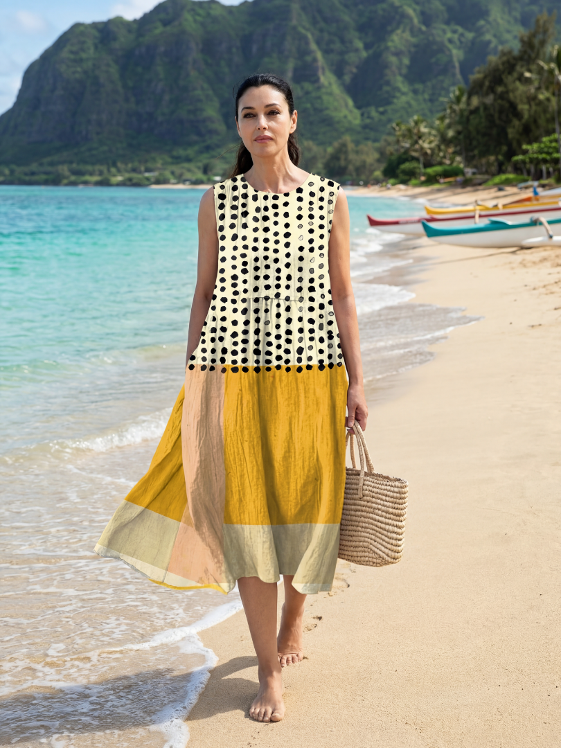 FJØRNA women's summer midi dress with polka dots, sleeveless design, lightweight fabric, perfect for warm-weather wear