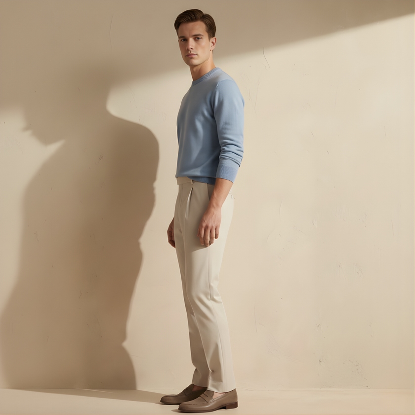 FJØRNA men's straight leg trousers, stylish pants with a tailored fit, shown in a neutral color on a model.