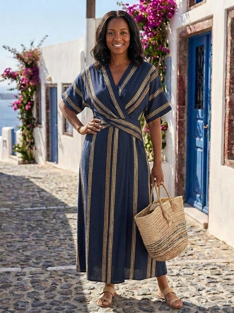 FJØRNA women’s summer midi dress with vertical stripes and V-neck, flowing and lightweight for warm weather.