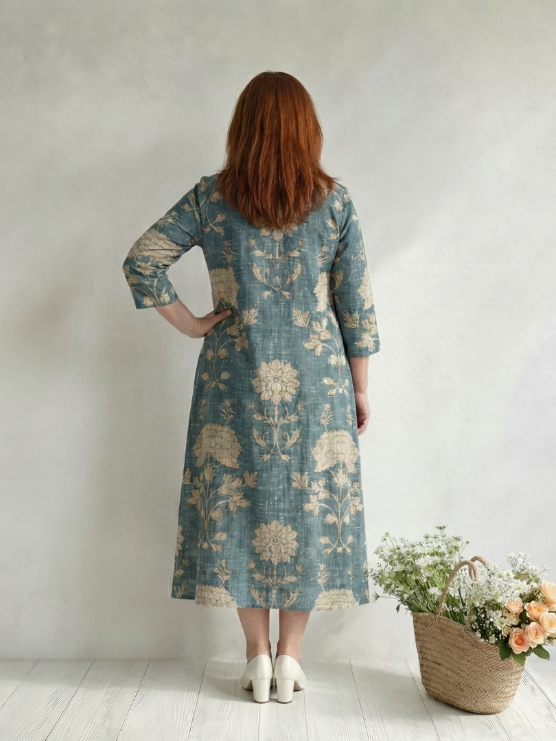 FJØRNA women’s floral summer midi dress with long sleeves, wrap style, lightweight fabric, perfect for warm weather.