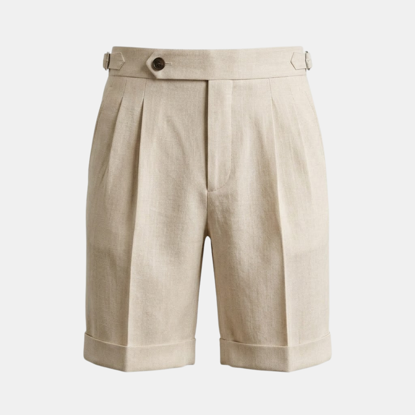 Men's high waist linen shorts by FJØRNA with pleated design, shown in a relaxed fit and natural linen fabric.