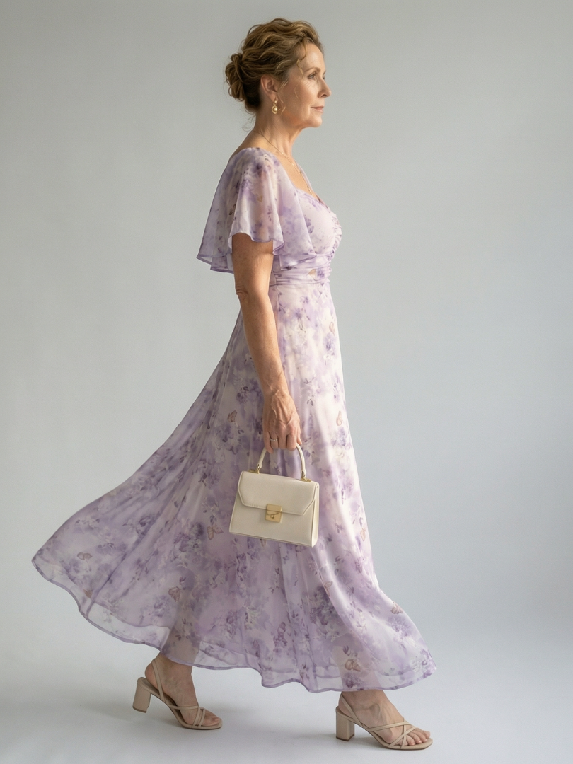 FJØRNA floral summer midi dress for women with square neckline and sleeveless design, featuring a vibrant floral pattern.