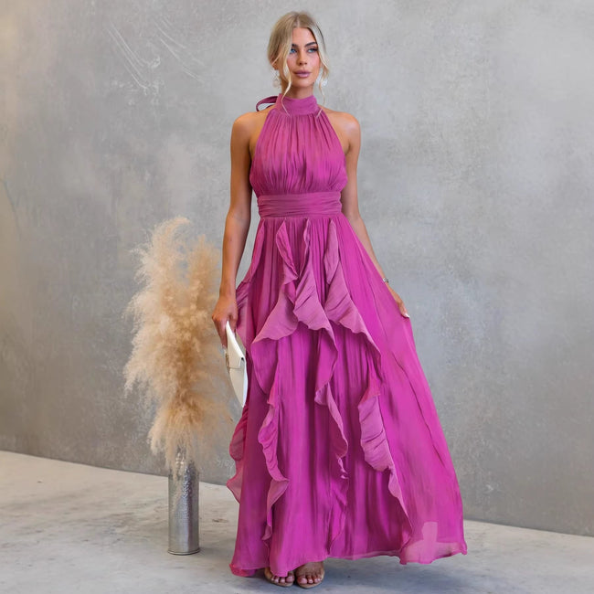 FJØRNA elegant maxi dress for women with halter neck and ruffle details, flowing and stylish for summer wear