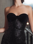 FJØRNA black velvet bow sequin fringe mini dress with shimmering sequins and elegant bow detail for stylish evening wear.