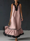 FJØRNA A-line maxi dress with contrast colors, pleated ruffle trim, split-joint V-neck, loose fit, and elegant design.