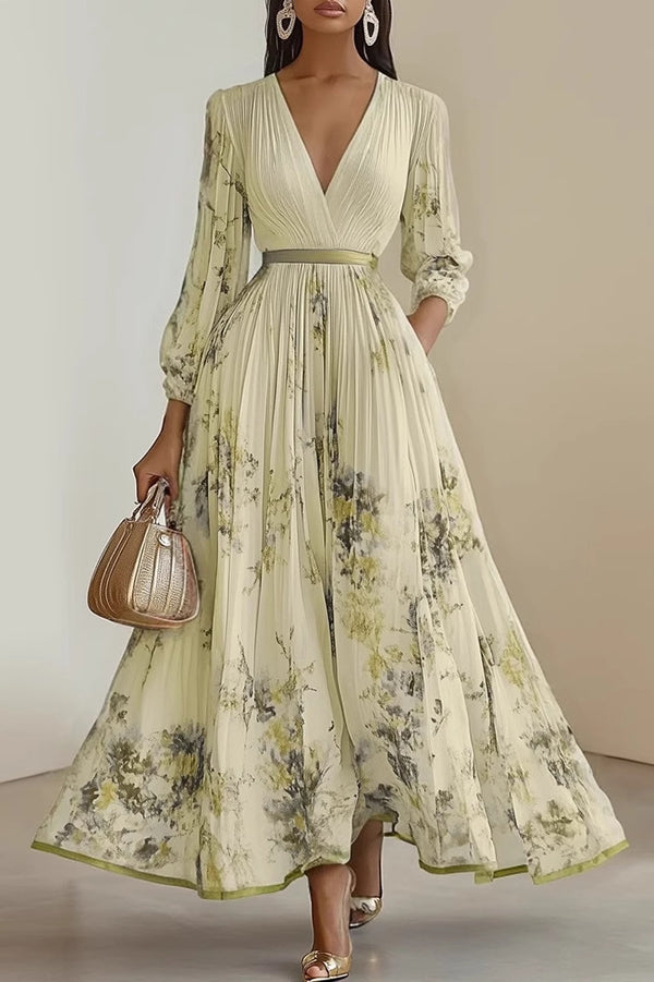 FJØRNA printed V-neck long sleeve maxi dress with bow tie waist, perfect for holiday occasions.