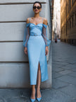 FJØRNA elegant off-shoulder midi dress with mesh sleeves and matching belt, perfect for stylish women’s occasions.