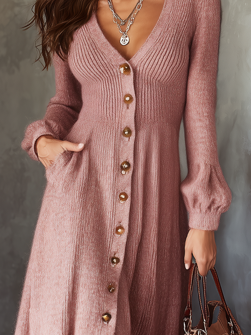 FJØRNA retro V-neck mohair knitted midi dress with button pockets, featuring a stylish and cozy design.