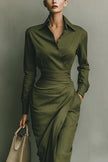 White FJØRNA solid color lapel long sleeve midi dress with pocket, slim-fit and asymmetrical hem, perfect for stylish occasions.