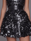 FJØRNA layered petal-sequin spaghetti-strap mini dress, elegant sequin dress with floral petal design for special occasions