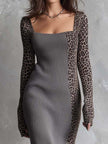 Leopard print patchwork ribbed knit midi dress by FJØRNA featuring long sleeves and a fitted silhouette.