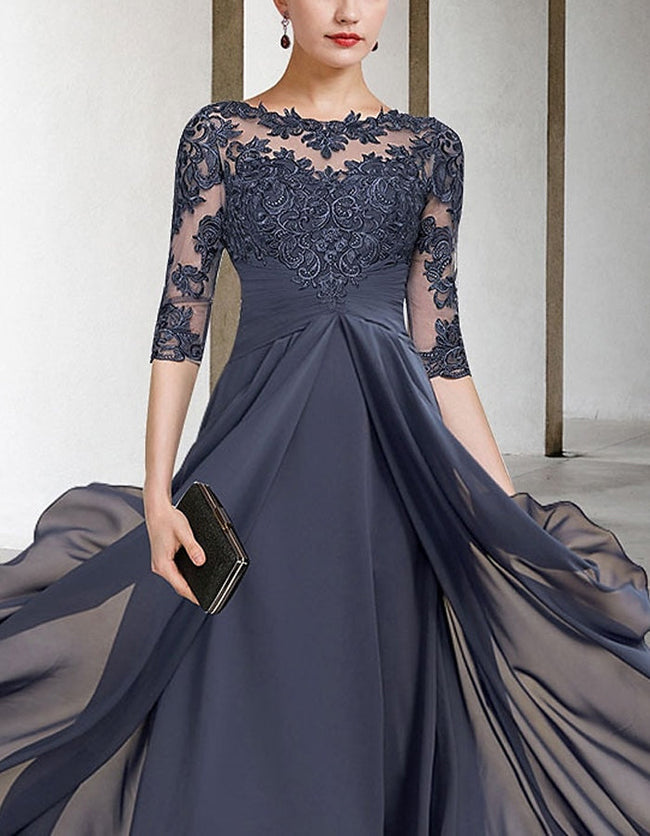 FJØRNA chiffon midi dress for women, A-line style with three-quarter sleeves, elegant and flowy for casual or formal wear.