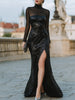 FJØRNA mesh turtleneck sequin slit evening gown with long sleeves, elegant maxi dress for formal occasions, black color.