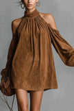 White FJØRNA off-shoulder lantern-sleeve suede mini dress with a loose fit, stylish and perfect for casual or dressy occasions.