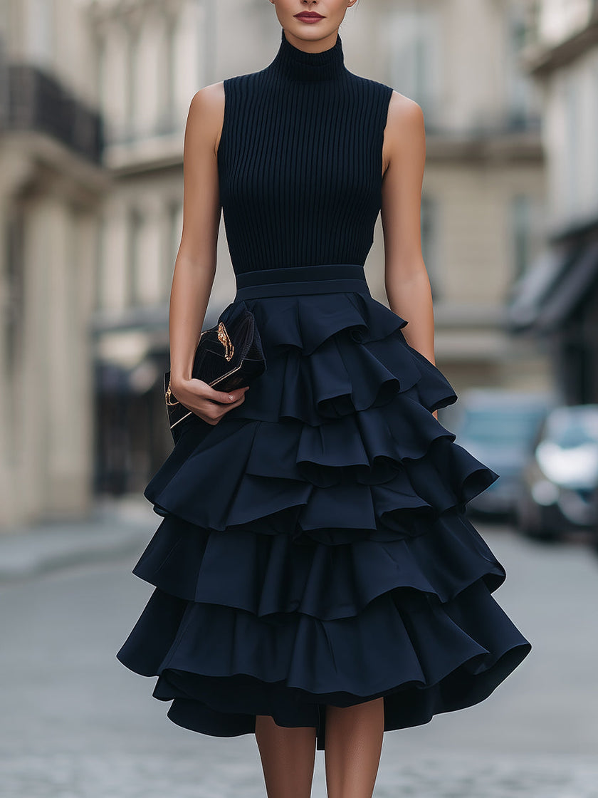 FJØRNA sleeveless high neck tiered ruffle midi dress hanging on a rack with layered fabric and feminine design.