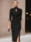 FJØRNA black keyhole front midi dress for women, featuring a fitted silhouette and stylish front keyhole detail.