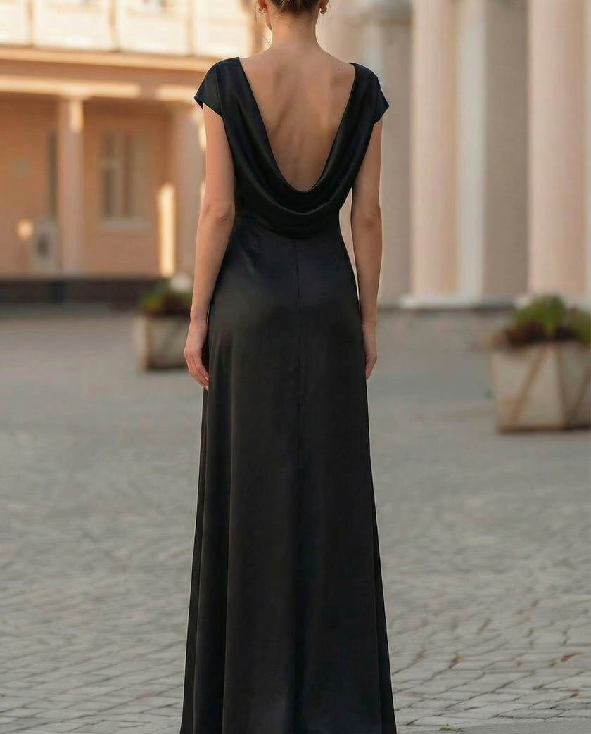 FJØRNA elegant black satin waist-tie column midi dress for women, featuring a sleek silhouette and sophisticated design.