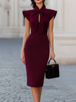 FJØRNA burgundy ruffle shoulder bow tie neck bodycon midi dress, elegant evening dress with fitted silhouette and ruffle details.