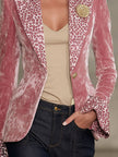 Pink contrast leopard print velvet blazer with lapel from FJØRNA, stylish jacket featuring bold animal print and soft velvet fabric.