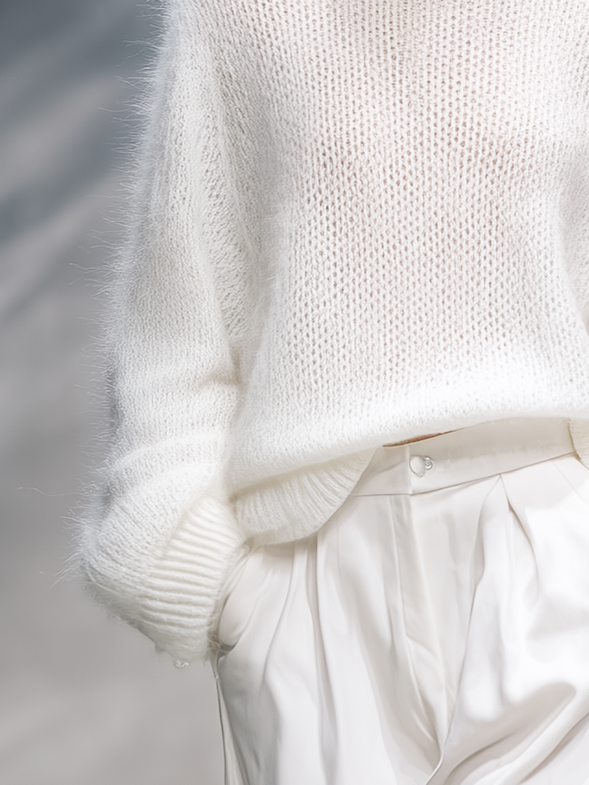 FJØRNA elegant solid color round neck loose sweater, close-up of soft knit fabric and relaxed fit design.