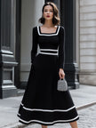 FJØRNA black and white contrast square neck midi dress, stylish sleeveless dress with retro black and white pattern.