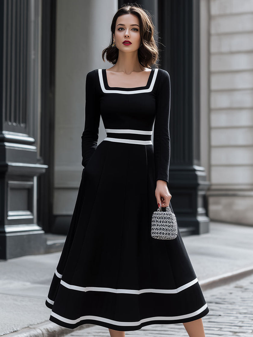 FJØRNA black and white contrast square neck midi dress, stylish sleeveless dress with retro black and white pattern.
