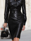 FJØRNA Urban Sophistication faux leather shirt-style midi dress, sleek black leather dress with button details and shirt collar.