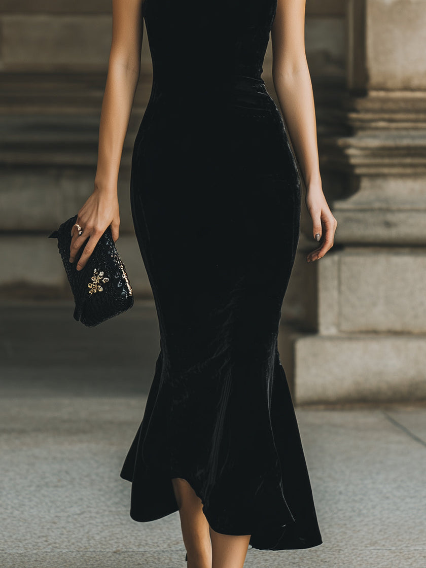 FJØRNA halter-neck mermaid cocktail dress for women, fitted and elegant with a sleek silhouette, perfect for special occasions.