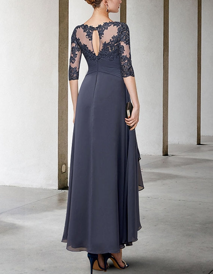 FJØRNA chiffon midi dress for women, A-line style with three-quarter sleeves, flowing and elegant for casual or semi-formal wear.