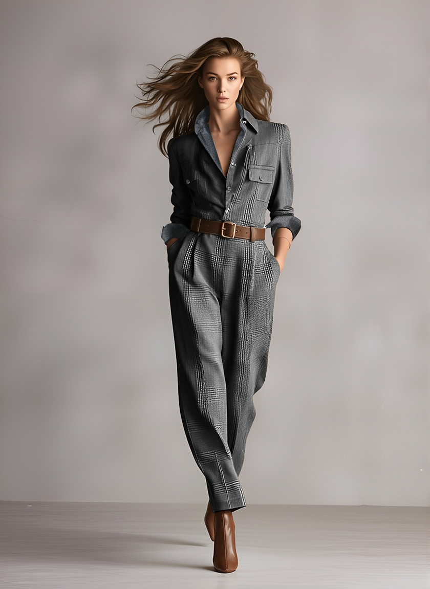 FJØRNA women's tweed texture plaid jumpsuit with collared V-neck, utility pockets, and pants style, showcasing a stylish, modern design.